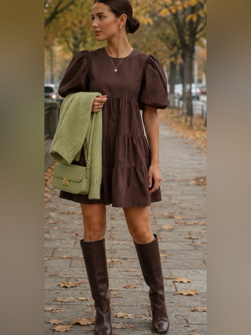 Chocolate Brown 100% Cotton Balloon Sleeve Tiered Mini Dress – US 10